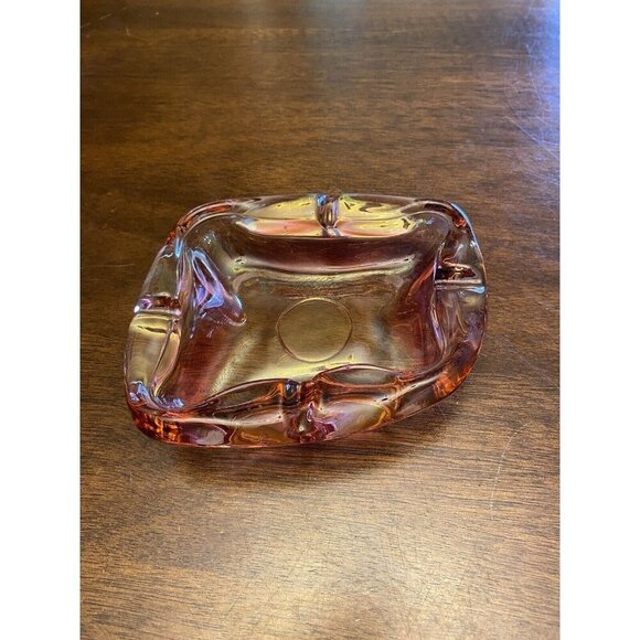 Unmarked Other - VTG Pink Iridescent Flash Glass Art Glass Trinket Candy Dish Bowl Ashtray MCM